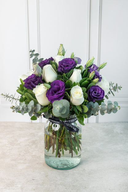 Claro de Luna - Rosa Blanca y Lisianthus Morado MERIDA