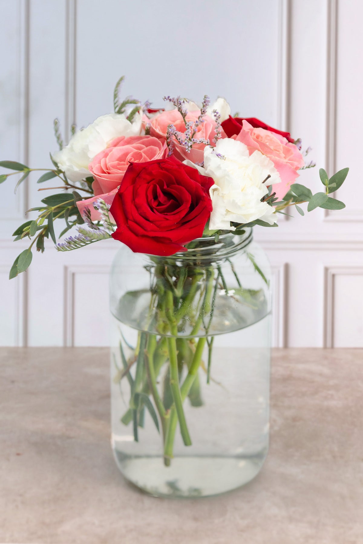 Centerpiece 15 - Light Pink, Red Rose and White Carnation