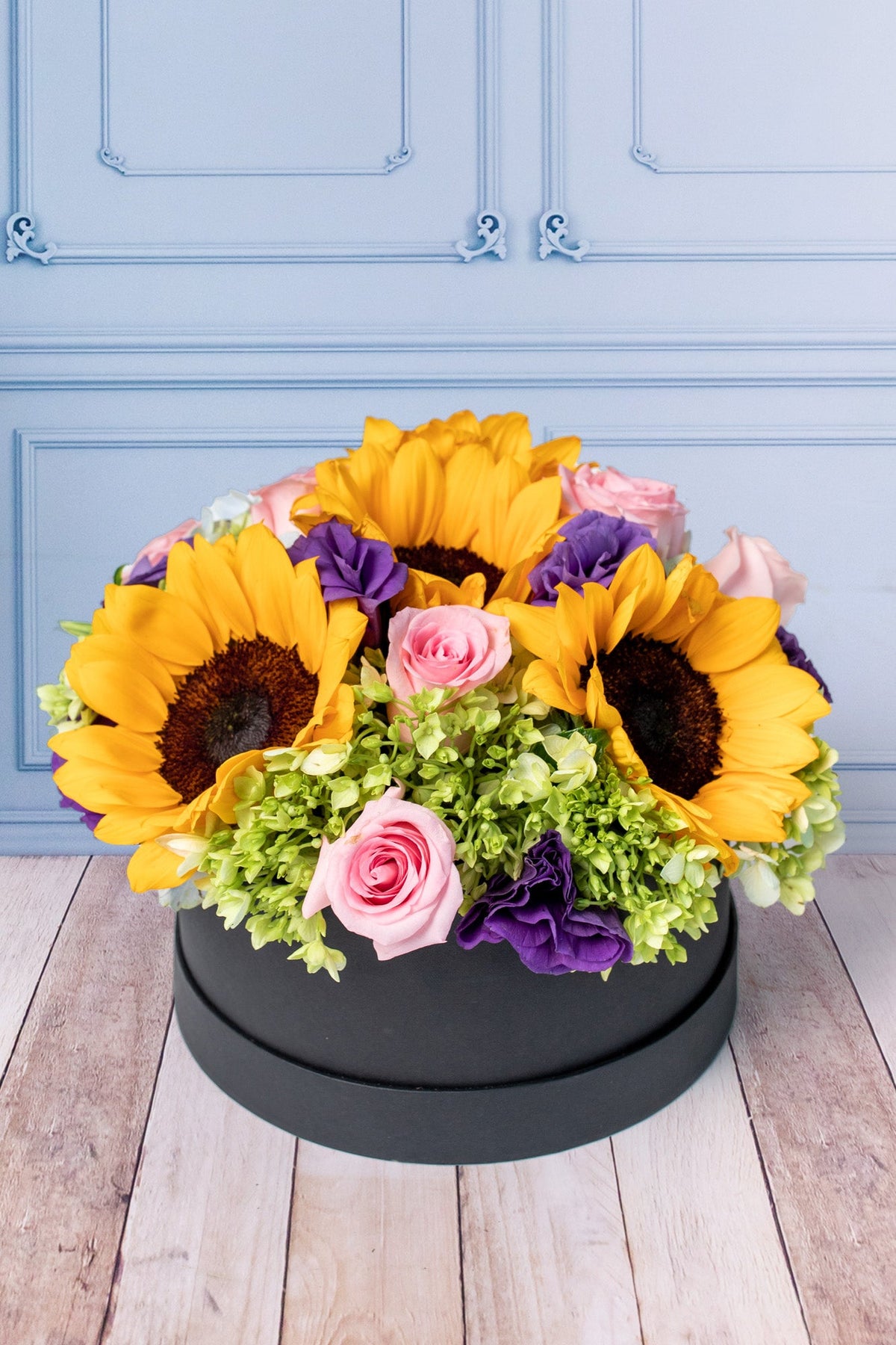 Sunflower Basket - Sunflower, Light Rose and Green Hydrangea