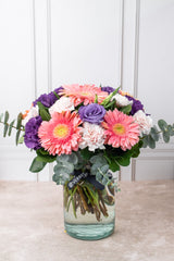 Coral - Gerbera Rosa, Lisianthus Morado y Clavel Rosa CDMX Sur