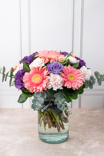 Coral / Gerbera Rosa, Lisianthus Morado y Clavel Rosa CHIH.
