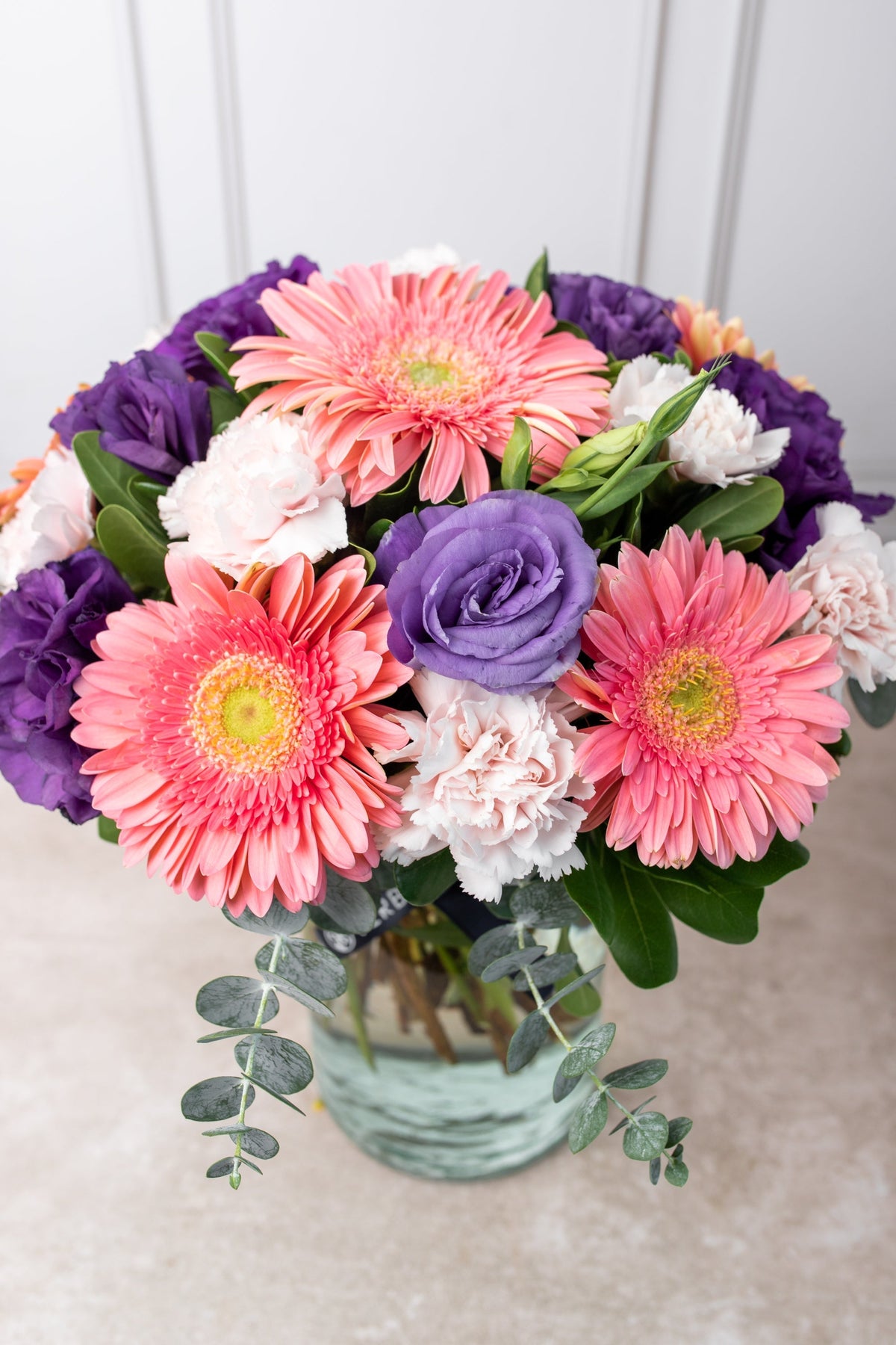 Coral // Pink Gerbera, Purple Lisianthus and Pink Carnation