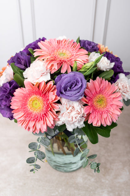 Coral // Pink Gerbera, Purple Lisianthus and Pink Carnation